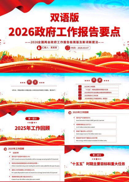 2026全国两会政府工作报告要点双语极简版PPT模板