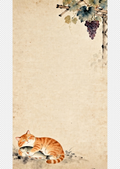 宋式雅韵猫戏鱼藤蔓免抠透明PNG背景