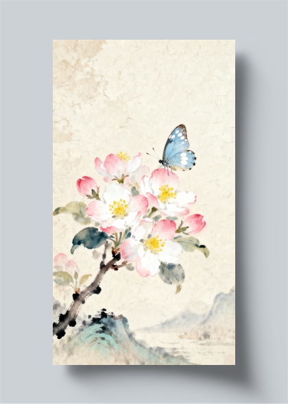 宋式雅韵海棠花间蓝蝶翩跹图