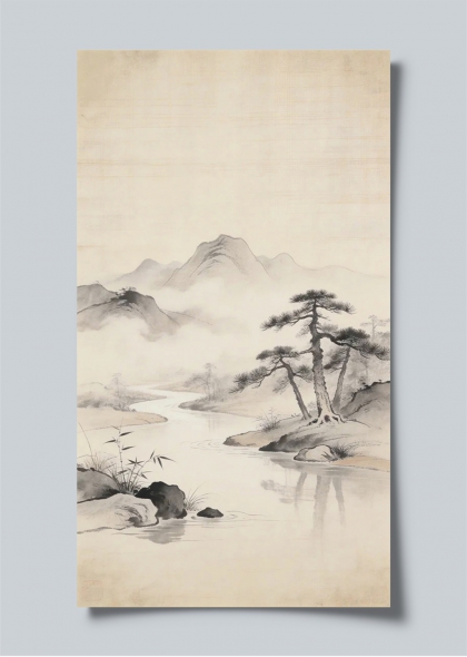 宋韵松溪云山隐逸水墨背景