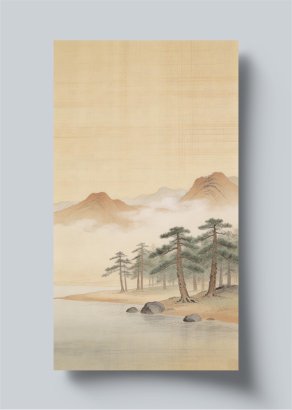 宋式淡雅山水松石云雾意境插画