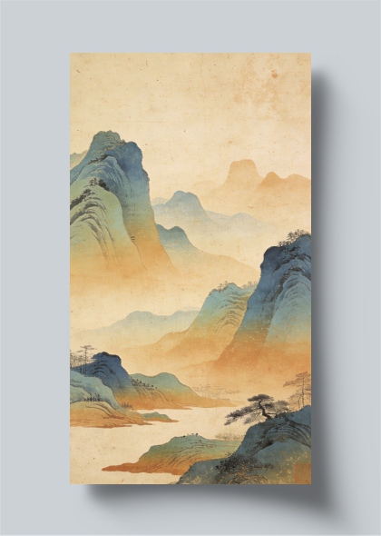 青绿山水远岫层峦宋韵意境插画