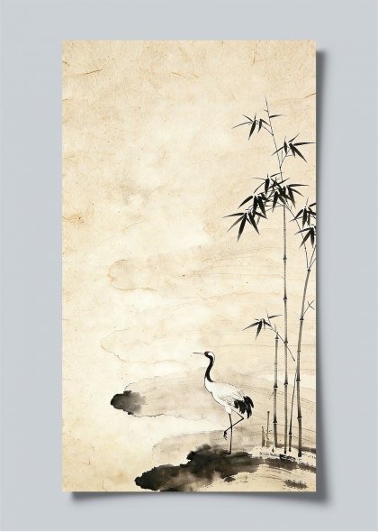 宋韵竹鹤水墨留白雅致海报背景