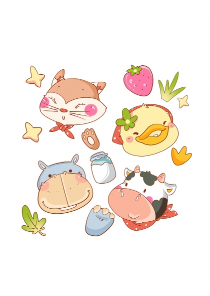 卡通小狐狸小鸭河马奶牛草莓牛奶儿童插画元素