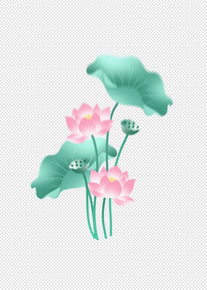 青绿色荷叶搭配粉红荷花手绘风免抠插画元素
