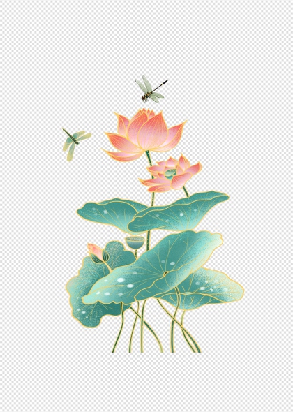 青绿荷叶衬托粉橙莲花蜻蜓飞舞手绘免抠插画元素