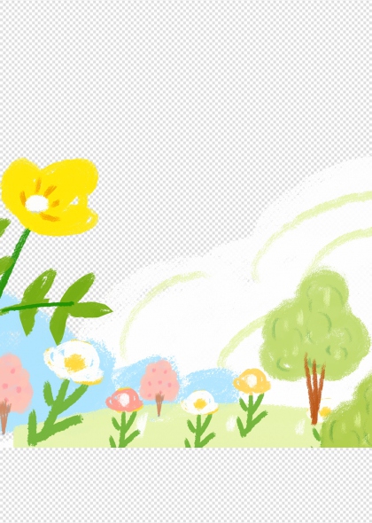 手绘黄色向日葵绿色草地树木风景插画免抠装饰元素