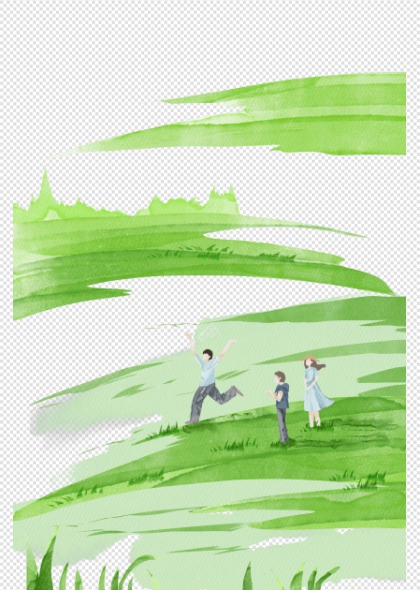 绿色水彩手绘田园山坡家庭出游插画免抠元素