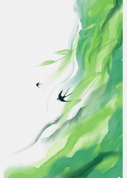 绿色水墨柳枝燕子飞舞手绘免抠插画元素