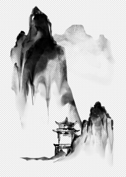 水墨山水意境古风亭台楼阁免抠插画元素