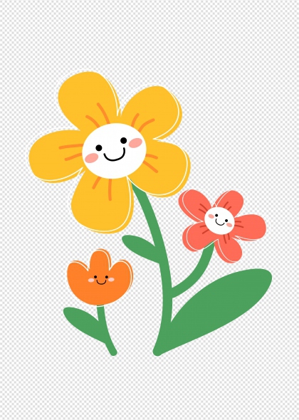 黄色笑脸大花瓣橙色小花绿色茎叶卡通花卉免抠插画元素