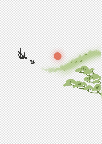 春日青绿山峦红日飞燕手绘水墨风景免抠插画元素