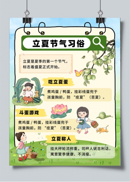 立夏节气习俗插画儿童趣味科普海报