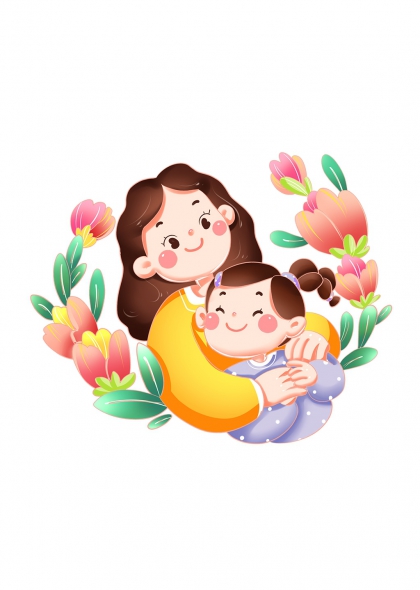 温馨母亲怀抱女儿亲子互动花卉环绕母亲节插画元素