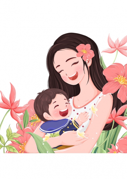 温馨母亲怀抱婴儿微笑花朵环绕母亲节插画元素