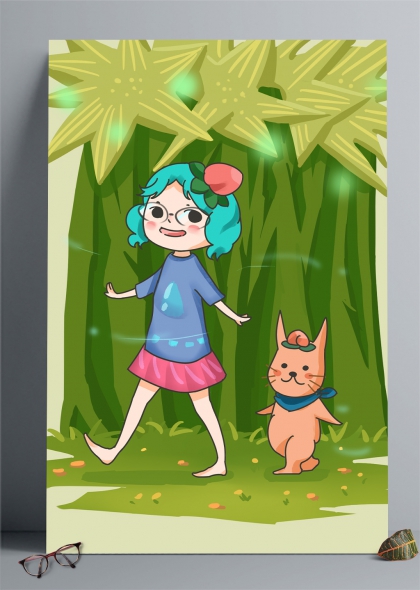 蓝发女孩与小狐狸竹林探险六一插画