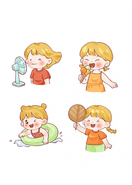 金发女孩吹风扇吃冰淇淋游泳扇扇子夏日清凉场景元素