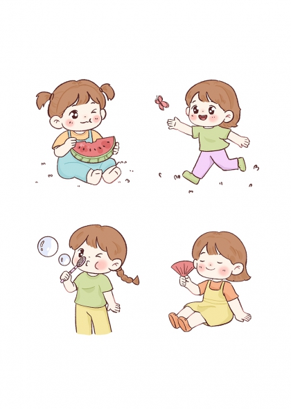 吃西瓜追蝴蝶吹泡泡扇扇子可爱小女孩夏日活动场景插画元素