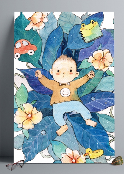 水彩风童趣宝宝与青蛙花朵游戏儿童节插画