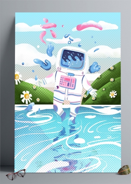 穿宇航服的小孩在波点草地水花中奔跑六一插画