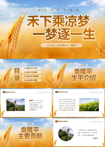 纪念袁隆平院士生平贡献与珍惜粮食传承精神PPT模板