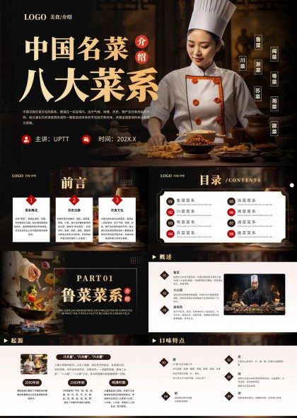 中国八大菜系文化介绍与地域特色美食展示PPT模板