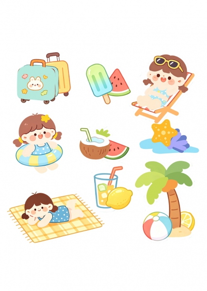 女孩泳圈躺椅西瓜冰棒夏日海滩度假场景卡通免抠元素