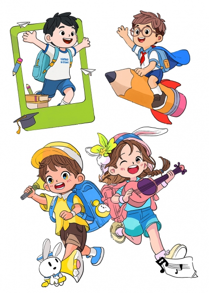 卡通小学生开学季活力场景免抠元素