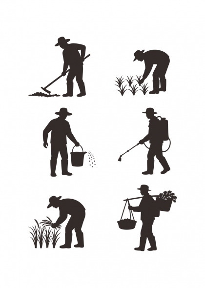 农民劳作剪影插画耕种收割喷药挑担六场景免抠元素