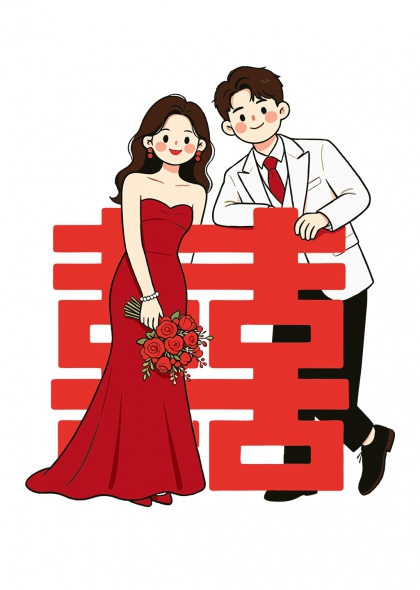 新郎新娘红裙白西装喜字婚礼插画元素