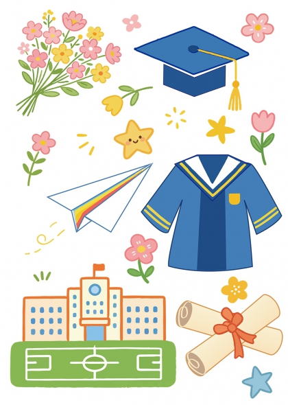 毕业季学士帽学位服纸飞机鲜花卷轴校园插画元素