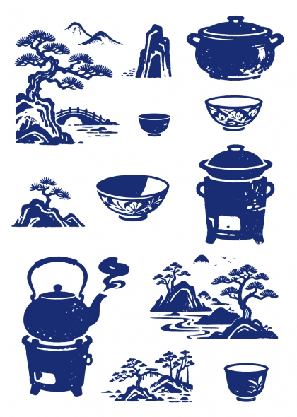 青花瓷茶具山水松石中式茶道免抠元素