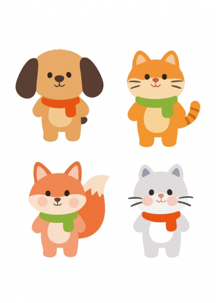 可爱小狗小猫狐狸灰猫戴围巾冬季萌宠免抠元素