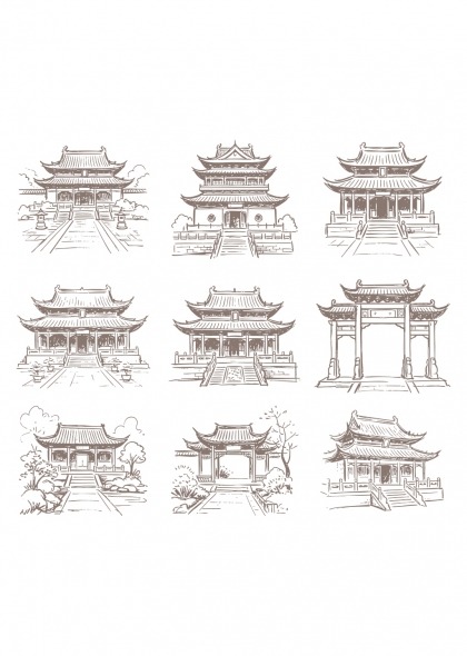 手绘中式古建筑群亭台楼阁门坊免抠插画