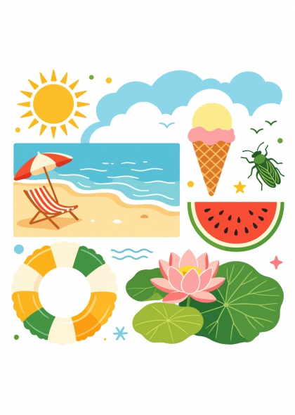 夏日海滩西瓜冰淇淋荷花救生圈免抠元素