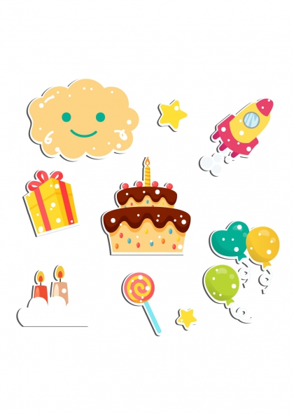 蛋糕礼物火箭气球糖果云朵儿童生日派对主题免抠元素