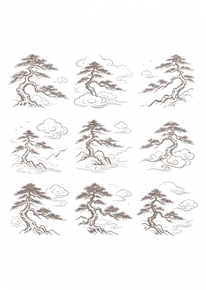 古风松树云纹山水意境免抠插画元素