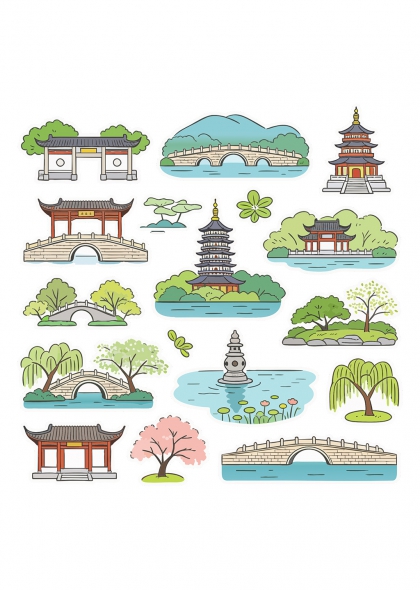 亭台楼阁石桥垂柳荷花塔影江南园林景观免抠插画元素