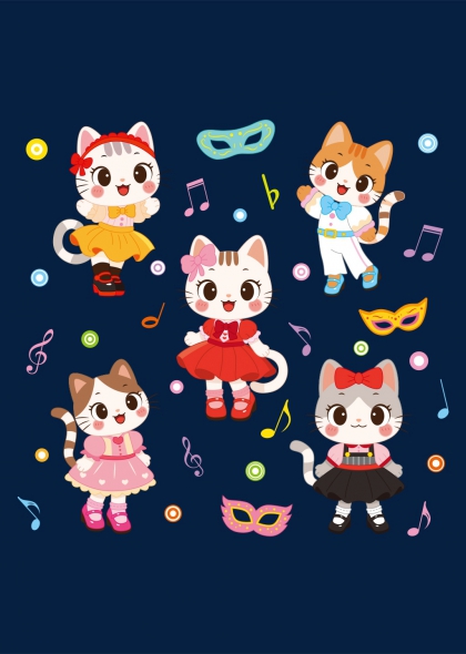 五只猫咪舞台表演猫咪卡通形象免抠插画