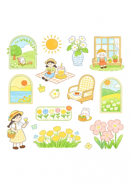 春日野餐场景插画女孩兔子花朵阳光窗景免抠元素