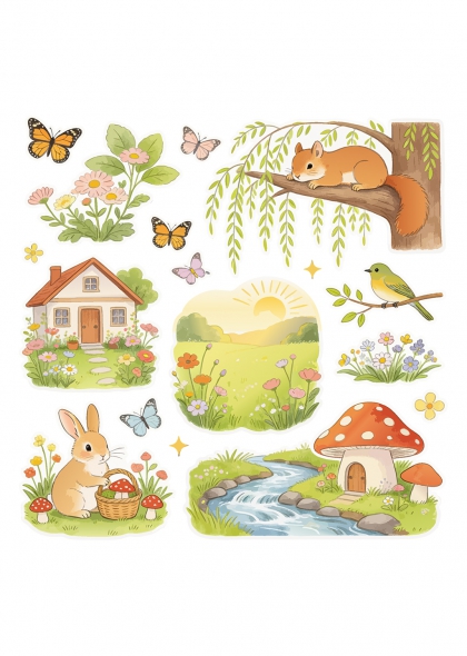 春日森林小屋花园场景免抠插画元素