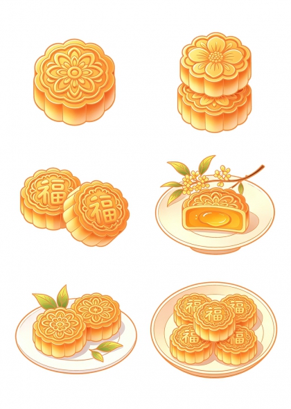 中秋月饼福字桂花装饰插画免抠元素
