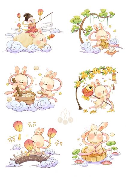 中秋玉兔钓月捣药赏花吃饼免抠元素