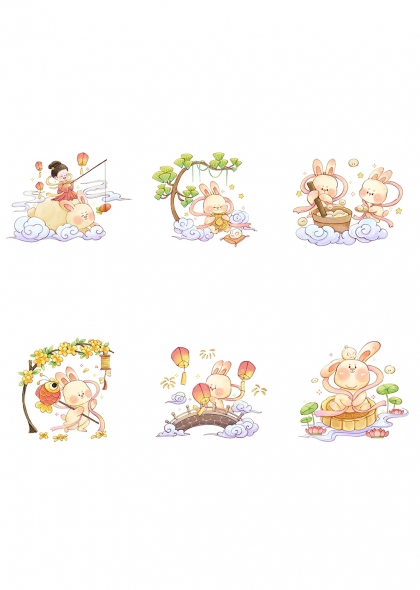 中秋玉兔捣药赏月吃饼插画边框标签免抠元素