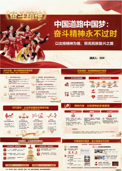 中国道路中国梦奋斗精神永不过时女排精神主题PPT模板