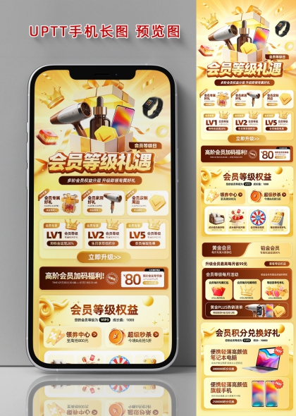 会员等级日金色礼遇升级权益长图海报