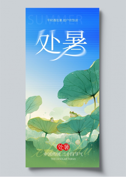 处暑节气荷塘蛙鸣清凉意境插画海报