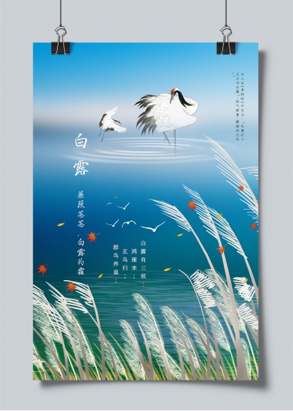 白露节气仙鹤芦苇水墨意境海报
