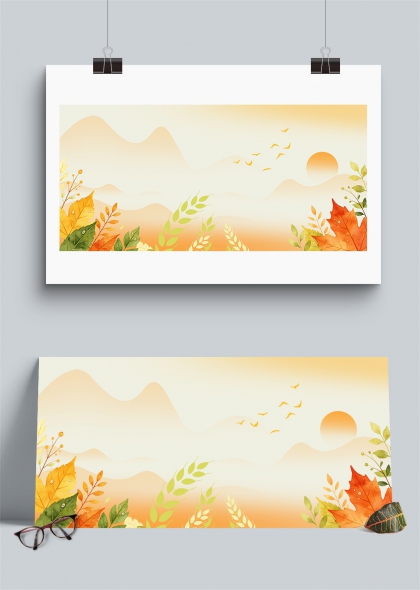 秋日山野枫叶麦穗飞鸟水彩插画背景