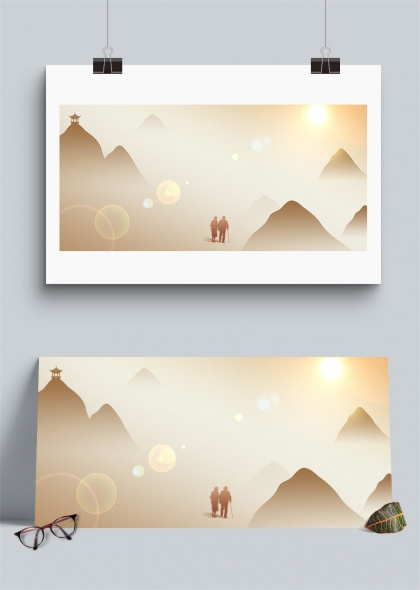 夕阳山间携手漫步的老人重阳节插画背景